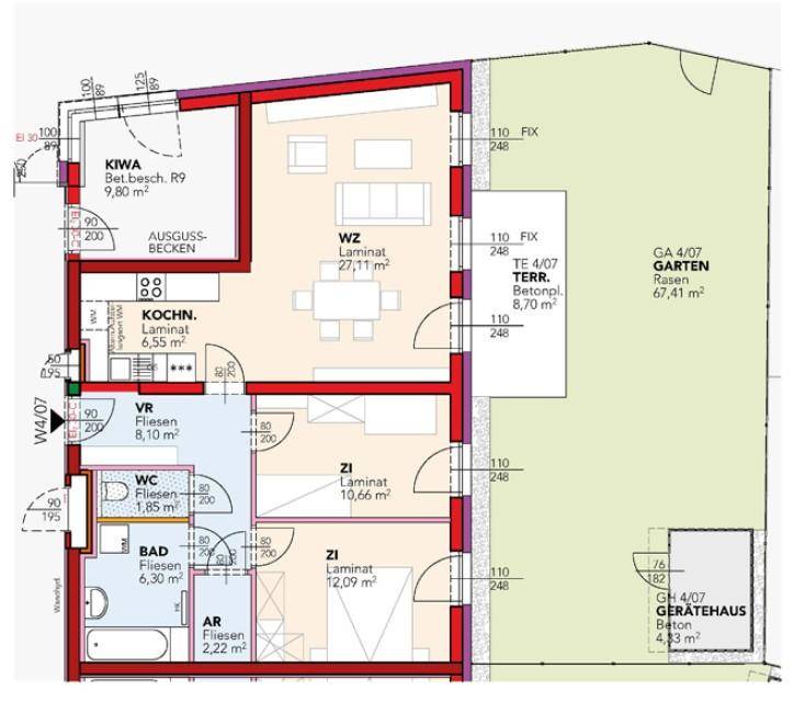 Grundriss einer Wohnung mit offenem Wohnbereich, separater Küche, zwei Schlafzimmern, Bad, WC und direktem Zugang zu Terrasse und Garten.
