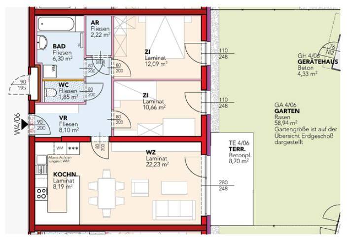Grundriss einer Wohnung mit offenem Wohnbereich, Küche, zwei Schlafzimmern, Bad, separatem WC, Abstellraum, Terrasse und Garten.