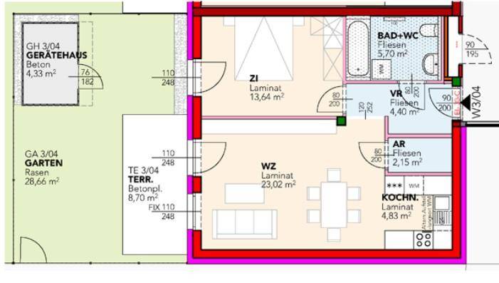 Grundriss einer Wohnung mit einem Schlafzimmer, Wohnzimmer, separater Küche, Bad, Terrasse und Garten.