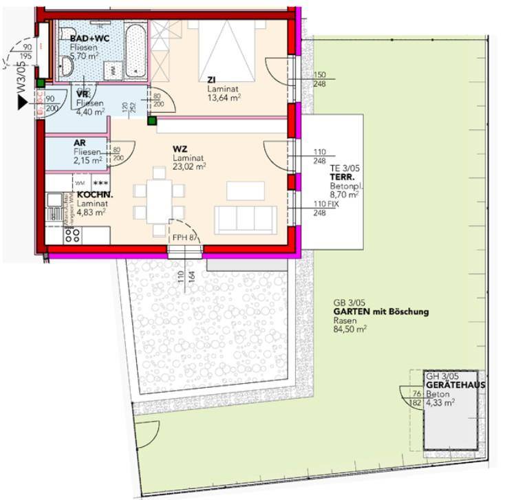 Grundriss einer Wohnung mit offenem Wohnbereich, Schlafzimmer, Bad, Küche, Terrasse und Garten mit Gerätehaus.