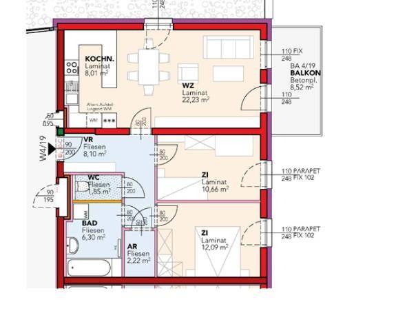 Grundriss einer Wohnung mit offenem Wohnbereich, separater Küche, zwei Schlafzimmern, Bad, Gäste-WC und Balkon.