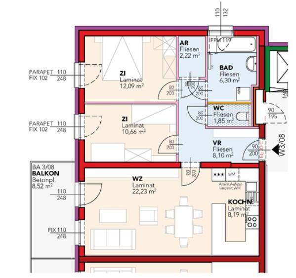 Wohnungsgrundriss mit zwei Schlafzimmern, Wohnzimmer, Küche, Bad, separatem WC und großem Balkon.