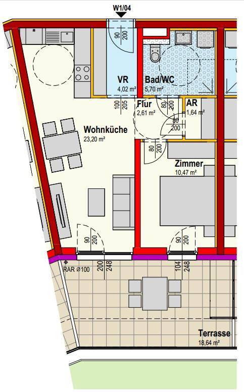Grundriss einer Wohnung mit offener Wohnküche, einem Zimmer, Bad/WC und einer großen Terrasse.