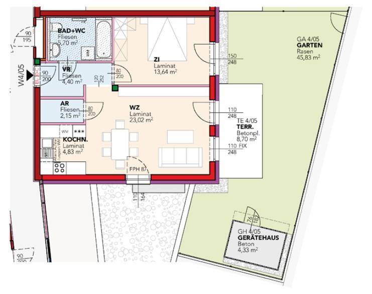 Grundriss einer Erdgeschosswohnung mit Wohnzimmer, Schlafzimmer, Küche, Bad, Terrasse und Garten.