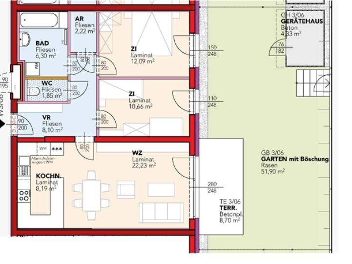 Detaillierter Grundrissplan einer Wohnung mit Wohnbereich, Küche, zwei Zimmern, Bad, separatem WC, Terrasse und Garten.