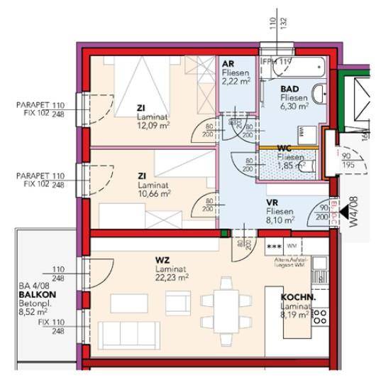 Grundriss einer Wohnung mit zwei Schlafzimmern, offenem Wohn-Essbereich, separater Küche und Balkon.