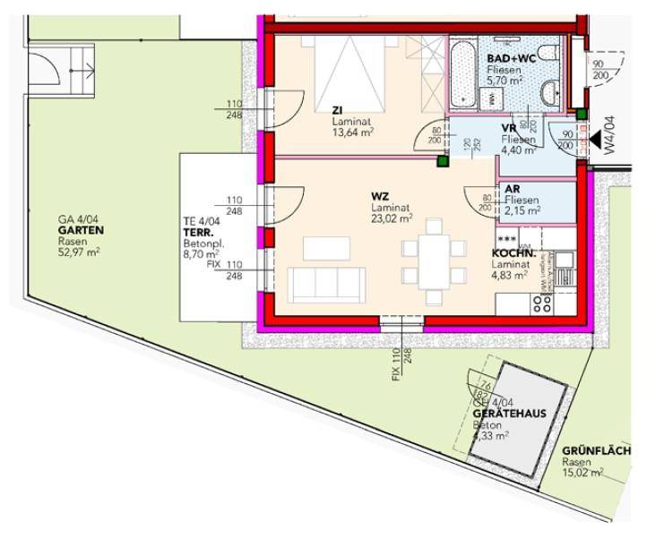 Detaillierter Grundriss einer Erdgeschosswohnung mit offenem Wohnbereich, Schlafzimmer, Bad, Küche, großer Terrasse und privatem Garten.