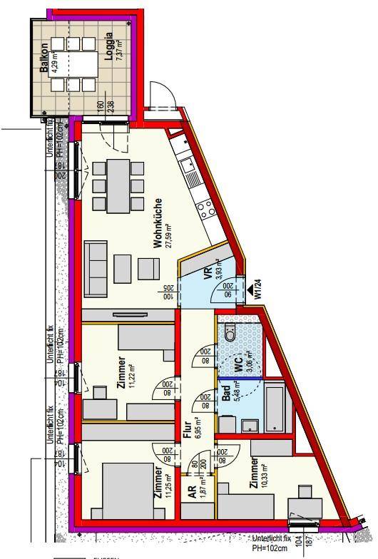 Detaillierter Grundriss einer Wohnung mit offenem Wohn- und Küchenbereich, drei Zimmern, Bad, separatem WC, Balkon und Loggia.