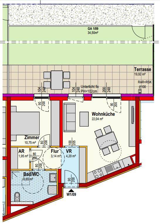 Grundriss einer Wohnung mit offener Wohnküche, Schlafzimmer, Bad und großer Terrasse mit Gartenanteil.