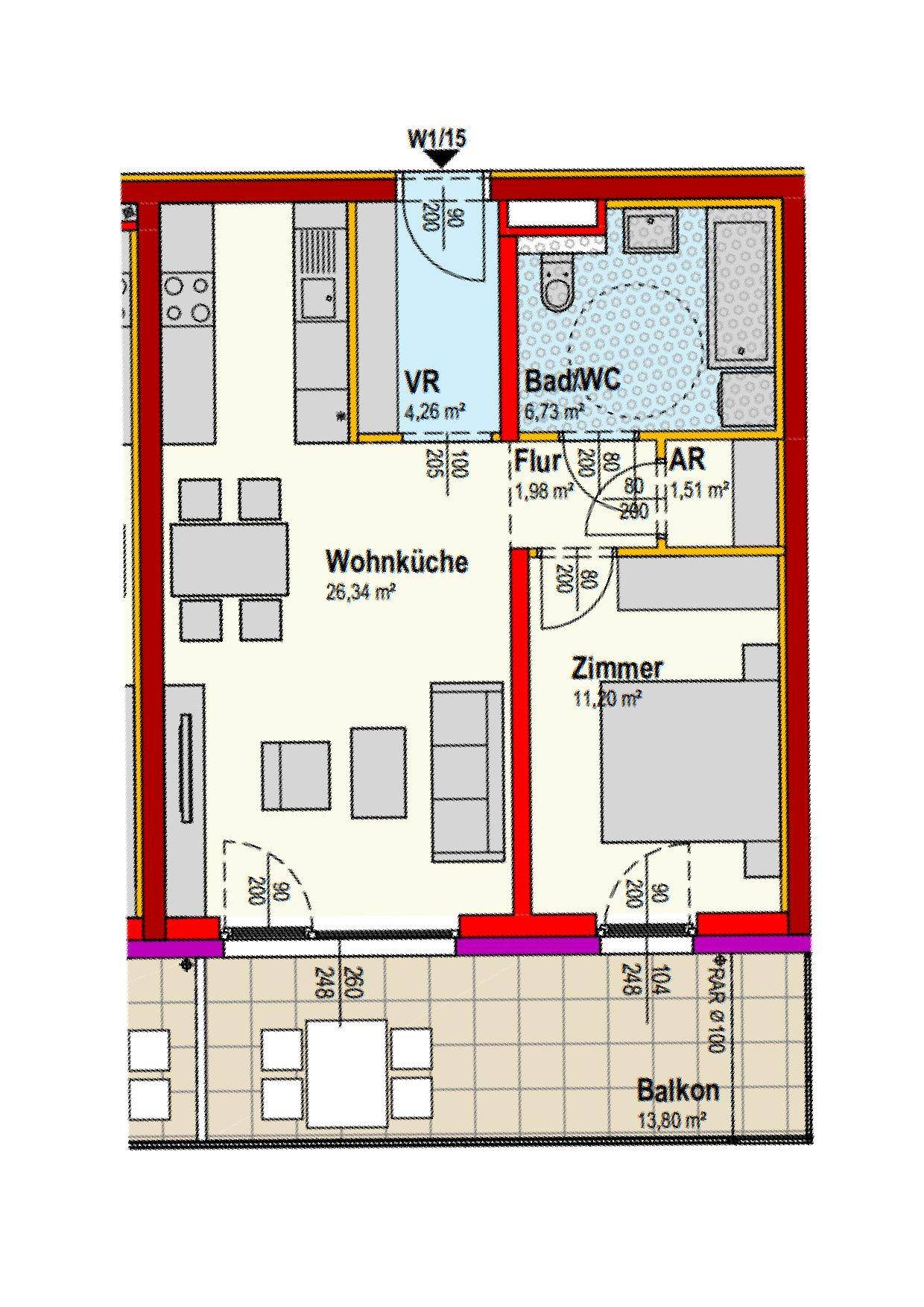 Grundriss einer Wohnung mit offener Wohnküche, Schlafzimmer, Bad und großem Balkon.