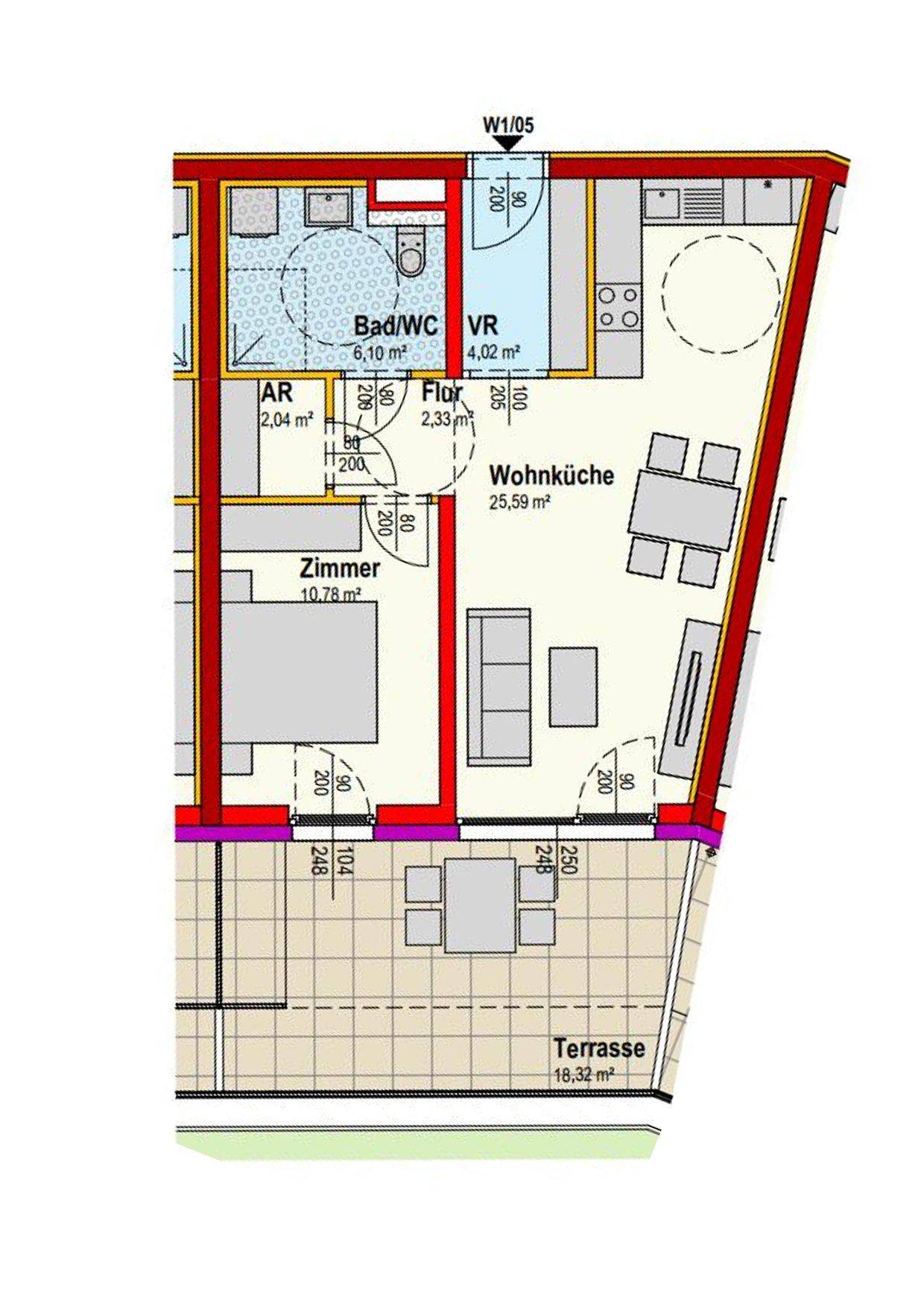 Grundriss einer Wohnung mit offener Wohnküche, einem Schlafzimmer, Bad und einer großzügigen Terrasse.