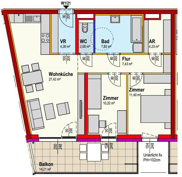 Grundriss einer Wohnung mit offener Wohnküche, zwei Schlafzimmern, Bad, separatem WC und großem Balkon.