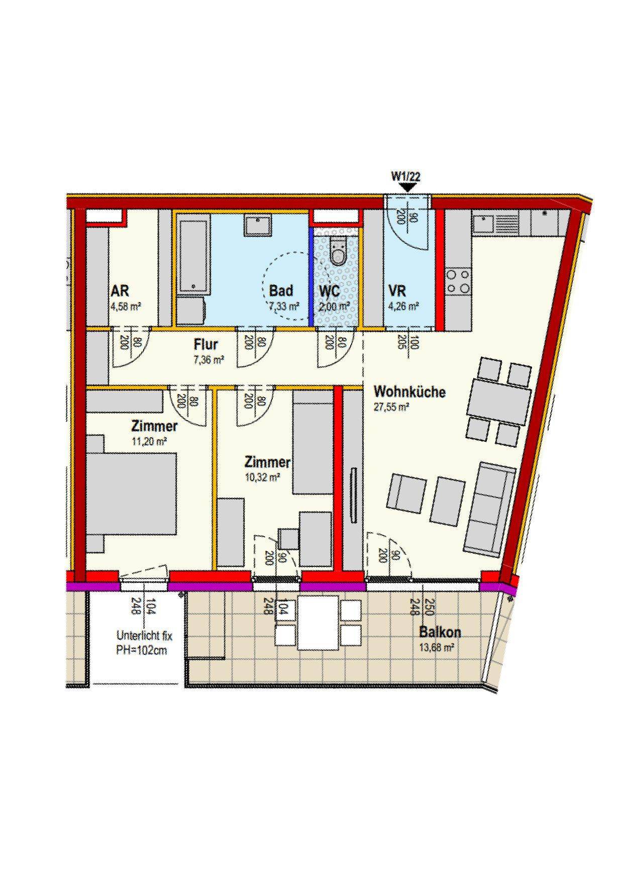 Grundriss einer Wohnung mit Wohnküche, zwei Zimmern, Bad, separatem WC und großem Balkon.