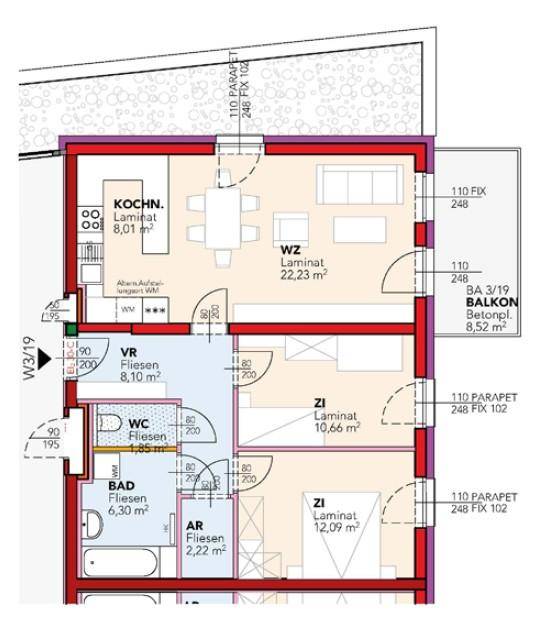 Grundrissplan einer Wohnung mit offenem Wohnbereich, zwei Schlafzimmern, Bad, separatem WC und Balkon.