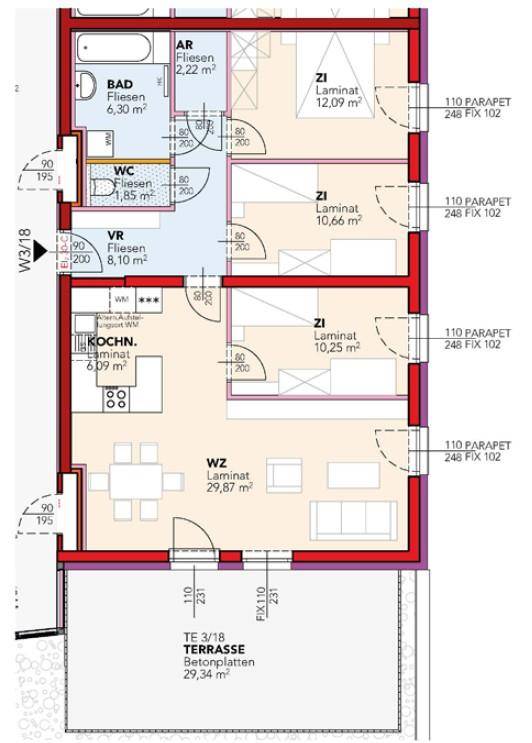 Grundriss einer Wohnung mit drei Schlafzimmern, separater Küche, Bad, WC und großer Terrasse.