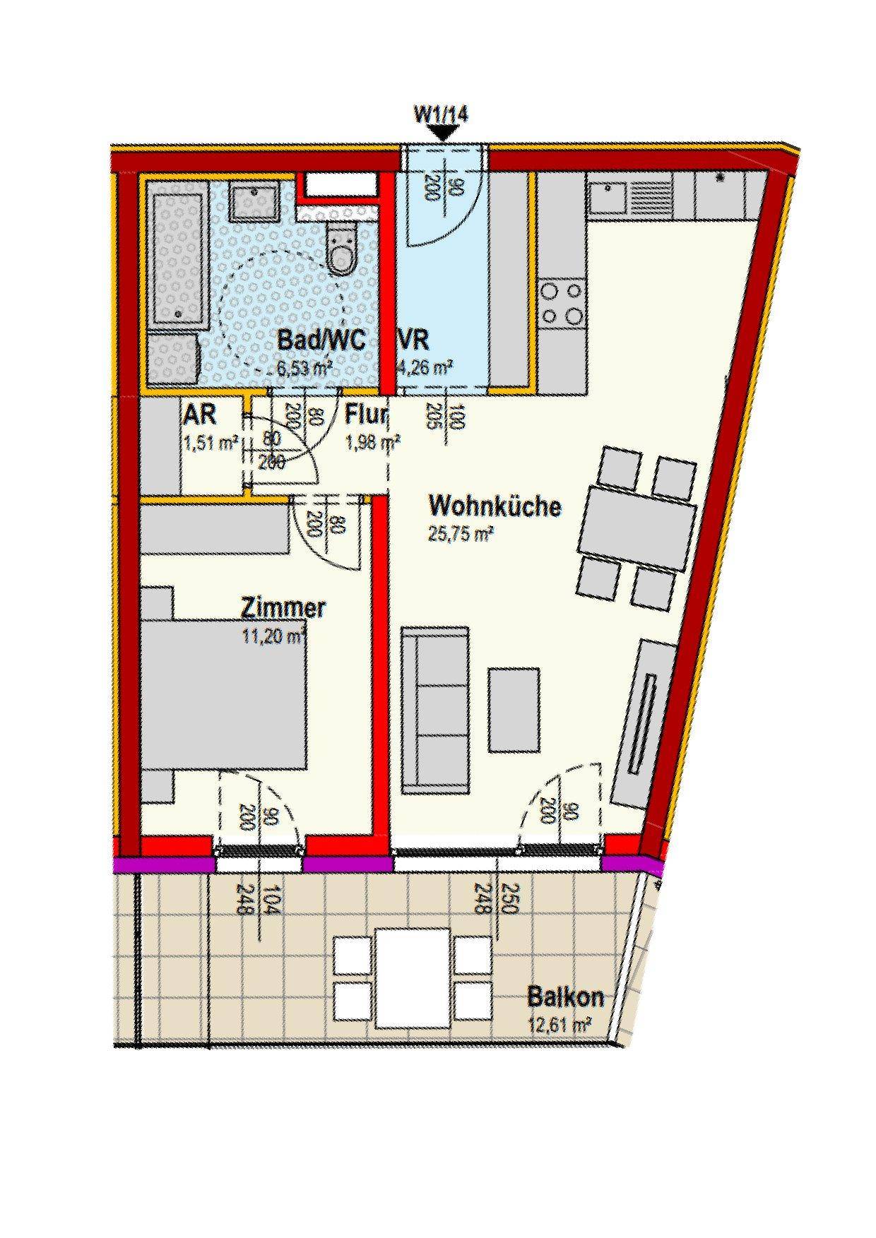 Grundriss einer Wohnung mit offener Wohnküche, einem Schlafzimmer, Bad und einem großen Balkon.