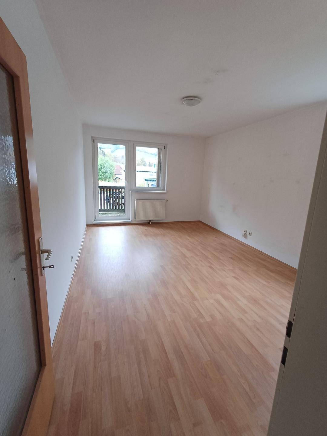 Leeres Zimmer mit Laminatboden, weißen Wänden und Zugang zu einem Balkon mit Bergblick.