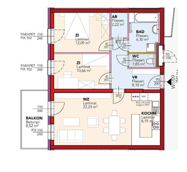 Grundriss einer Wohnung mit drei Zimmern, separater Küche und einem Balkon.