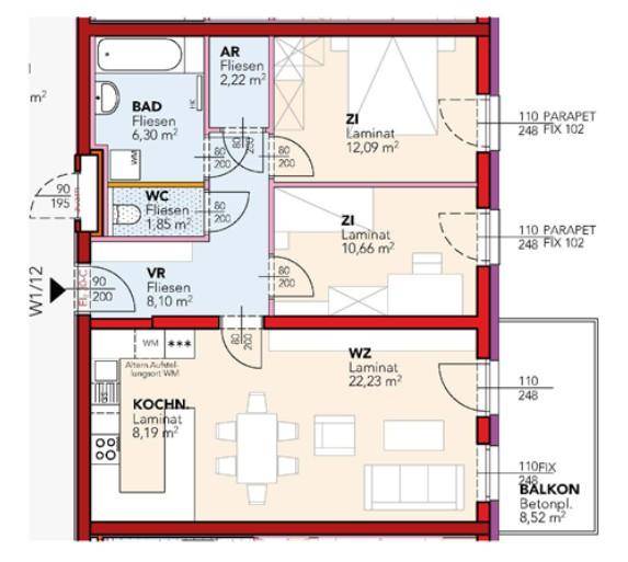 Grundriss einer Wohnung mit separater Küche, Wohnzimmer, zwei Zimmern, Bad, WC und Balkon.