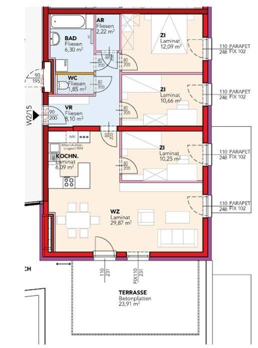 Grundriss einer Wohnung mit drei Zimmern, separater Küche, Bad, WC und einer großen Terrasse.