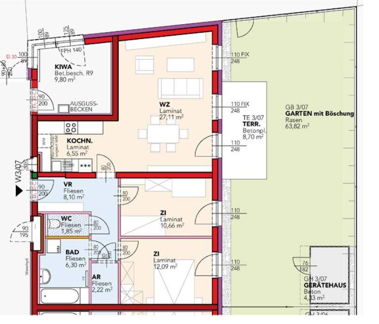 Grundriss einer Wohnung mit Wohnzimmer, Küche, zwei Zimmern, Bad, WC, Abstellraum, Terrasse und Garten.