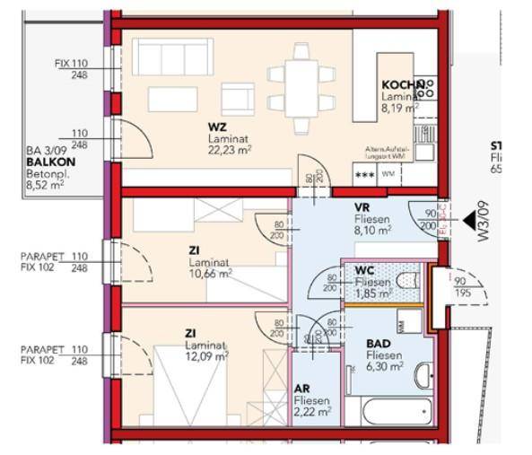 Grundriss einer Wohnung mit offenem Wohnbereich, zwei Zimmern, Bad, WC und Balkon.