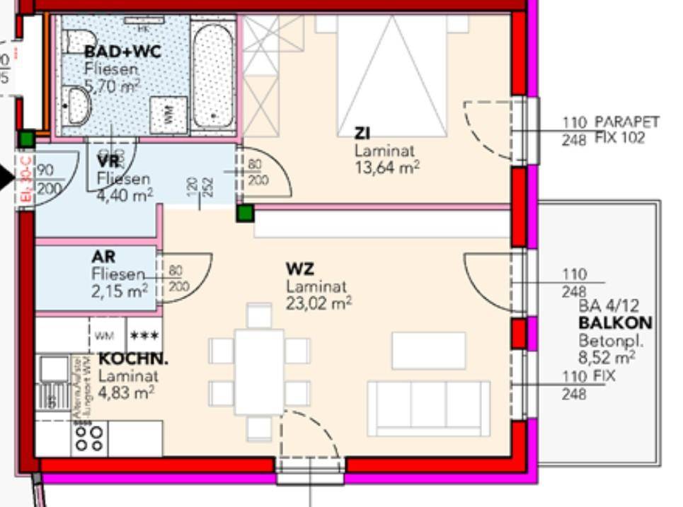 Grundriss einer Wohnung mit separaten Räumen, Balkon und Bad mit Wanne und Dusche.