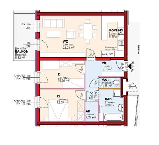 Grundriss einer Wohnung mit offenem Wohnbereich, zwei Zimmern, Bad und separatem WC.