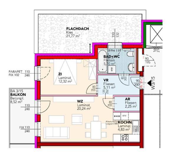 Grundriss einer Wohnung mit offenem Wohnbereich, Schlafzimmer, Bad, Abstellraum und Zugang zu Balkon und Dachterrasse.