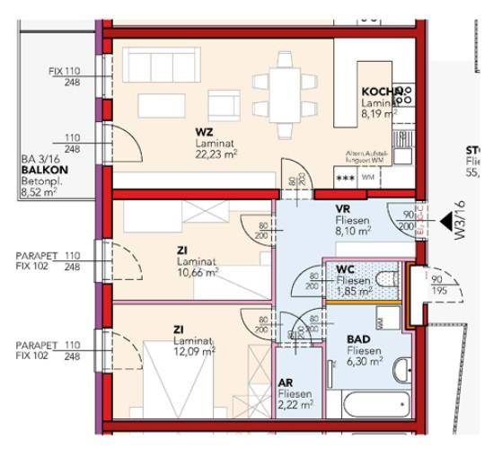 Grundriss einer Wohnung mit Wohnzimmer, zwei Zimmern, Küche, Bad, WC, Abstellraum und Balkon.