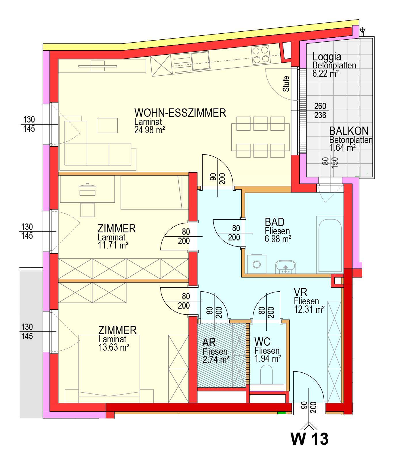 Grundriss einer Wohnung mit offenem Wohn-Esszimmer, zwei weiteren Zimmern, Bad, WC, Abstellraum, Loggia und Balkon.
