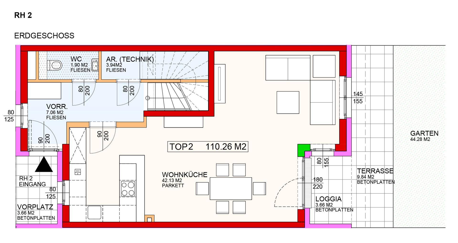 Grundriss des Erdgeschosses mit offener Wohnküche, Terrasse, Loggia und Garten.