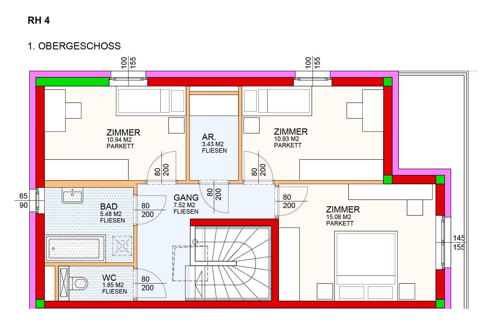 Grundriss des Obergeschosses mit drei Schlafzimmern, Bad und separatem WC.