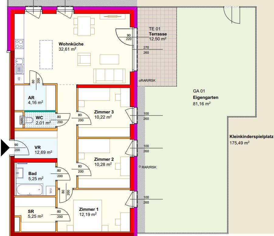 Detaillierter Grundriss mit Wohnküche, drei Zimmern, Bad, WC, Terrasse und privatem Gartenbereich.