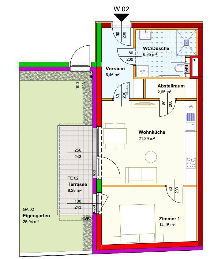 Grundriss der Wohnung W02 mit Wohnküche, Schlafzimmer, Duschbad, Abstellraum, Terrasse und Garten.