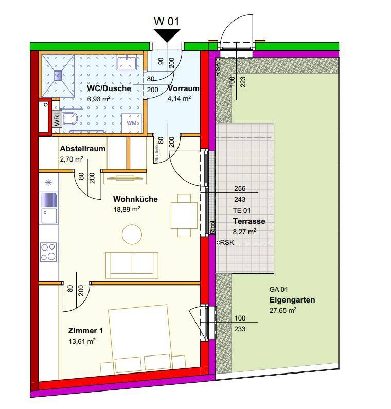 Grundriss einer Wohnung mit offener Wohnküche, einem Zimmer, Bad und direktem Zugang zu Terrasse und Garten.