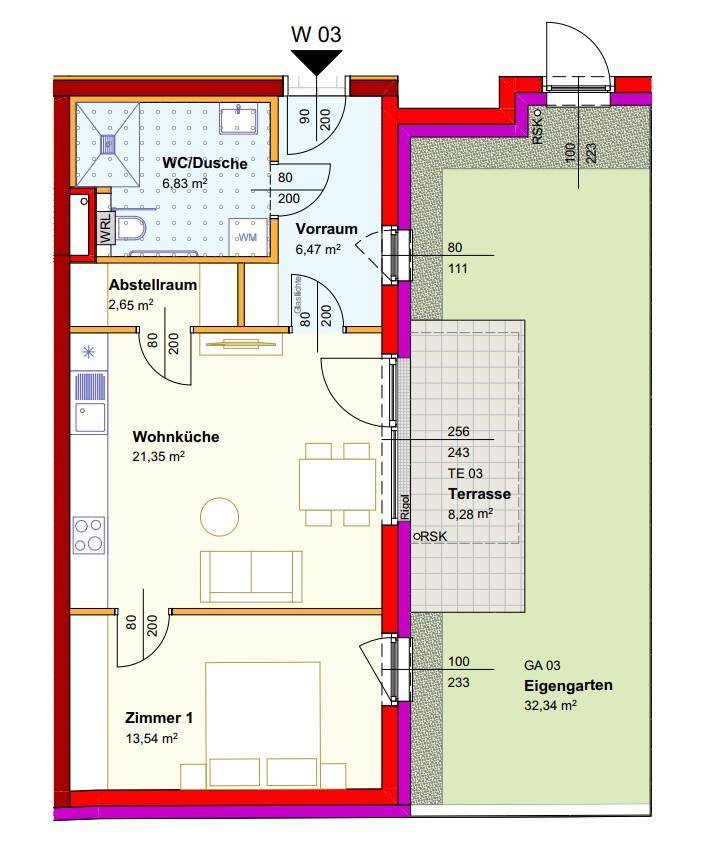 Grundriss einer Wohnung mit offener Wohnküche, einem Zimmer, Bad, Abstellraum, Terrasse und eigenem Garten.