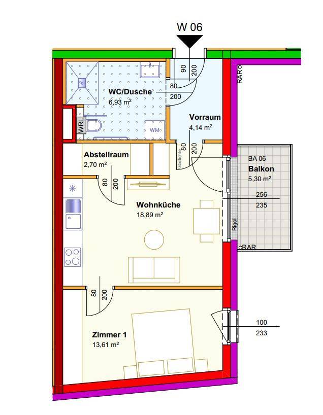 Grundriss einer Wohnung mit offener Wohnküche, Schlafzimmer, Bad mit Dusche und Balkon.
