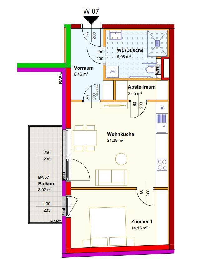 Grundriss einer Wohnung mit offener Wohnküche, einem Schlafzimmer, Bad und Balkon.
