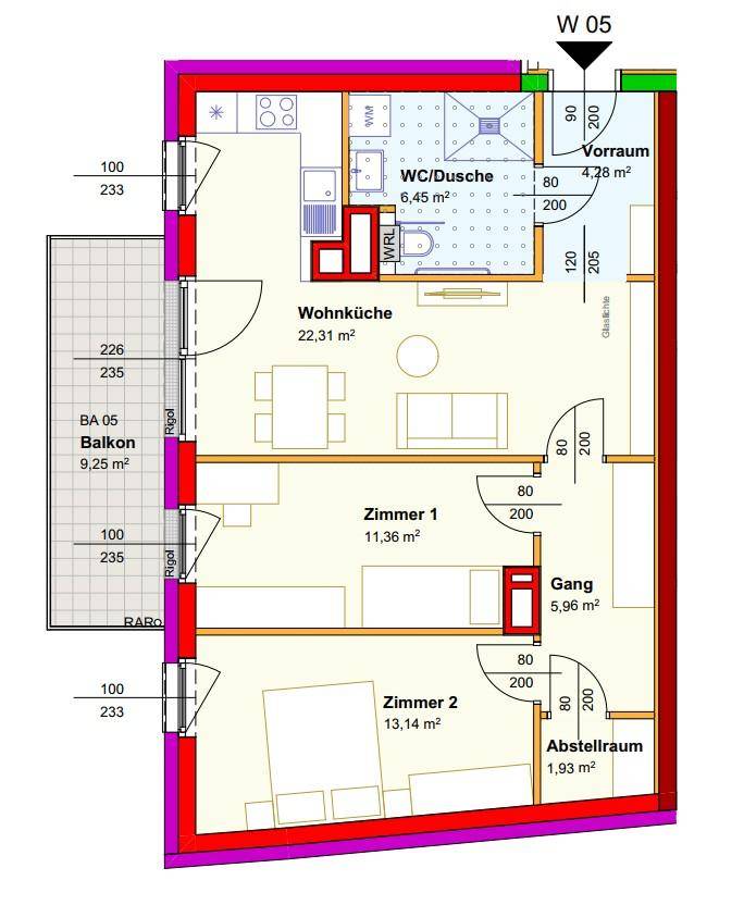 Grundriss einer Wohnung mit offener Wohnküche, zwei Zimmern, Bad und Balkon.