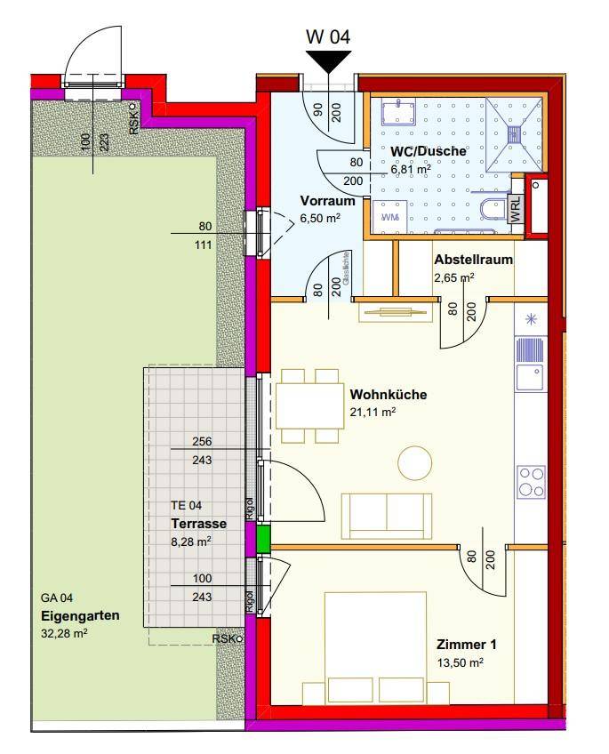 Grundriss einer Wohnung mit offener Wohnküche, einem Schlafzimmer, Bad, Terrasse und eigenem Gartenbereich.