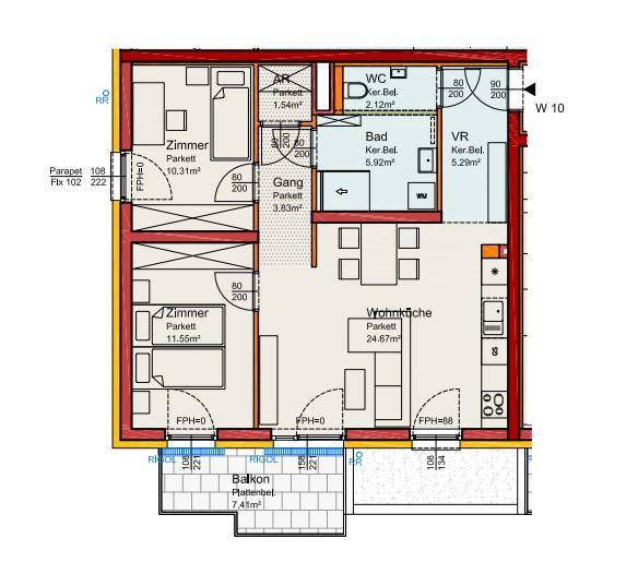 Grundriss einer modernen Wohnung mit zwei Schlafzimmern, offener Wohnküche, Bad und Balkon.