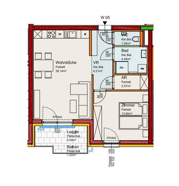 Grundriss einer Wohnung mit offener Wohnküche, Loggia, Balkon und separatem WC.
