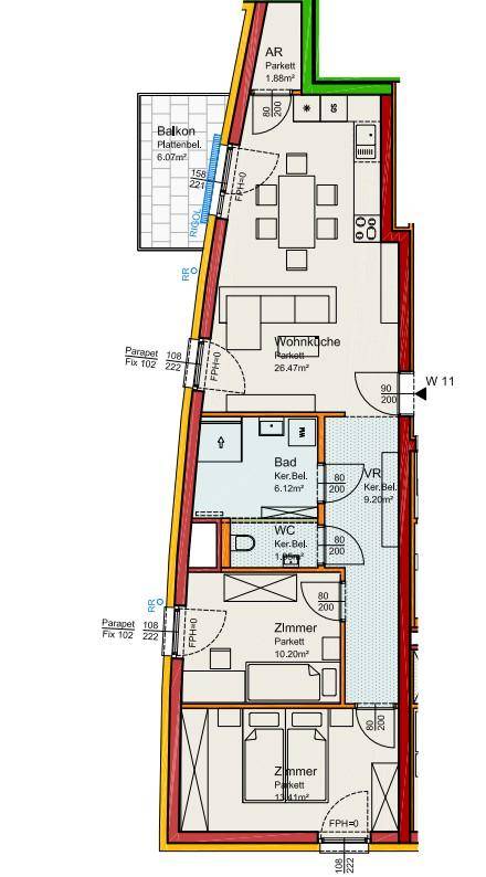 Grundriss einer Wohnung mit offenem Wohnbereich, zwei Schlafzimmern, Bad, separatem WC und Balkonzugang.