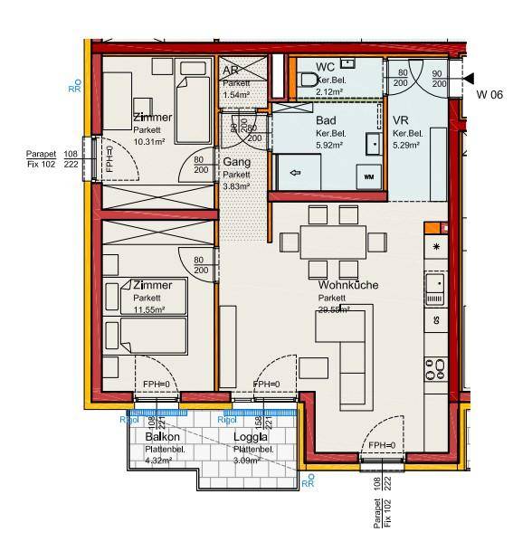 Grundriss einer Wohnung mit zwei Schlafzimmern, offener Wohnküche, Bad, separatem WC, Balkon und Loggia.