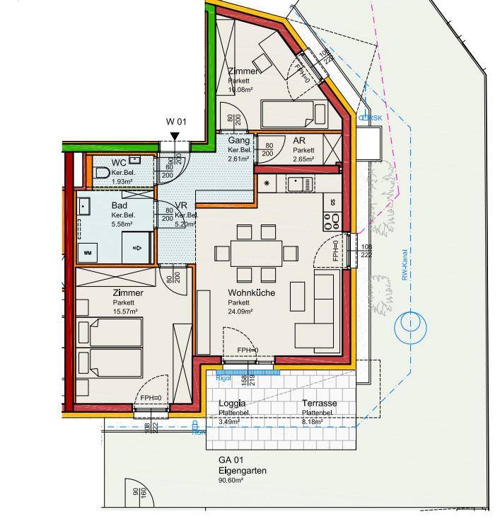 Grundriss einer Wohnung mit offener Wohnküche, zwei Zimmern, Bad, separatem WC und Zugang zu Loggia, Terrasse und Garten.