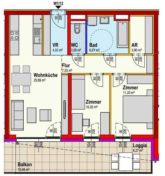 Grundriss einer Wohnung mit offener Wohnküche, zwei Schlafzimmern, Bad und separatem WC.