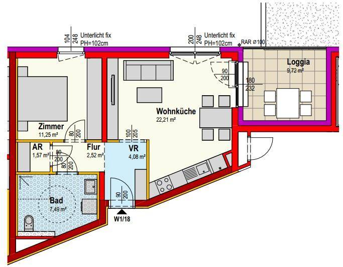 Grundriss einer Wohnung mit offener Wohnküche, Schlafzimmer, Bad und Loggia.