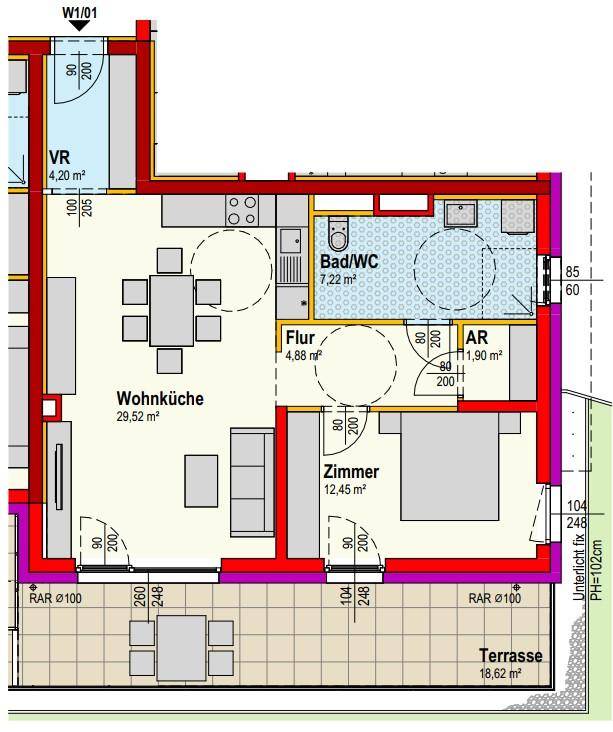 Grundriss einer modernen Wohnung mit offener Wohnküche, einem Schlafzimmer und großer Terrasse.