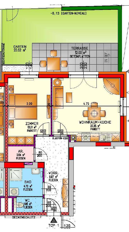 Grundriss einer Gartenwohnung mit offenem Wohn-Essbereich, Schlafzimmer, Bad und separatem WC.